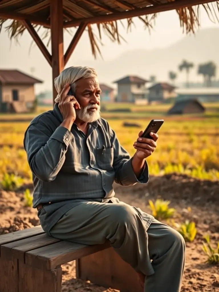 An image illustrating the Voice-Based Agricultural Advisory System, featuring a farmer interacting with the AI Bhoomi platform through a mobile device in a rural setting.