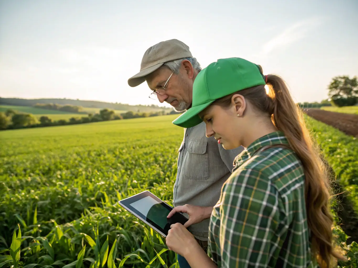 A vibrant image depicting a lush green field with farmers using tablets to monitor crop health, showcasing the integration of technology in agriculture.